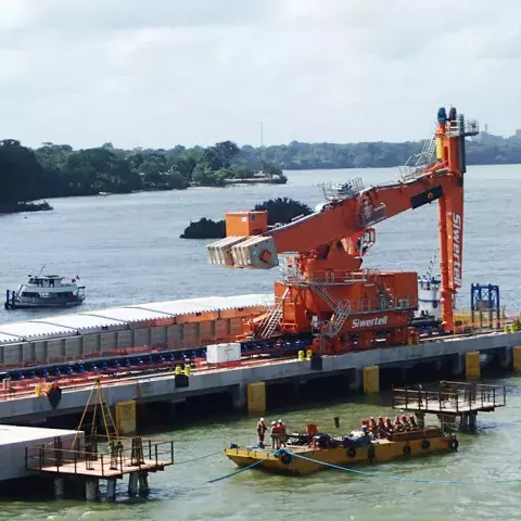 Orange Siwertell Ship unloader for grain, Brazil