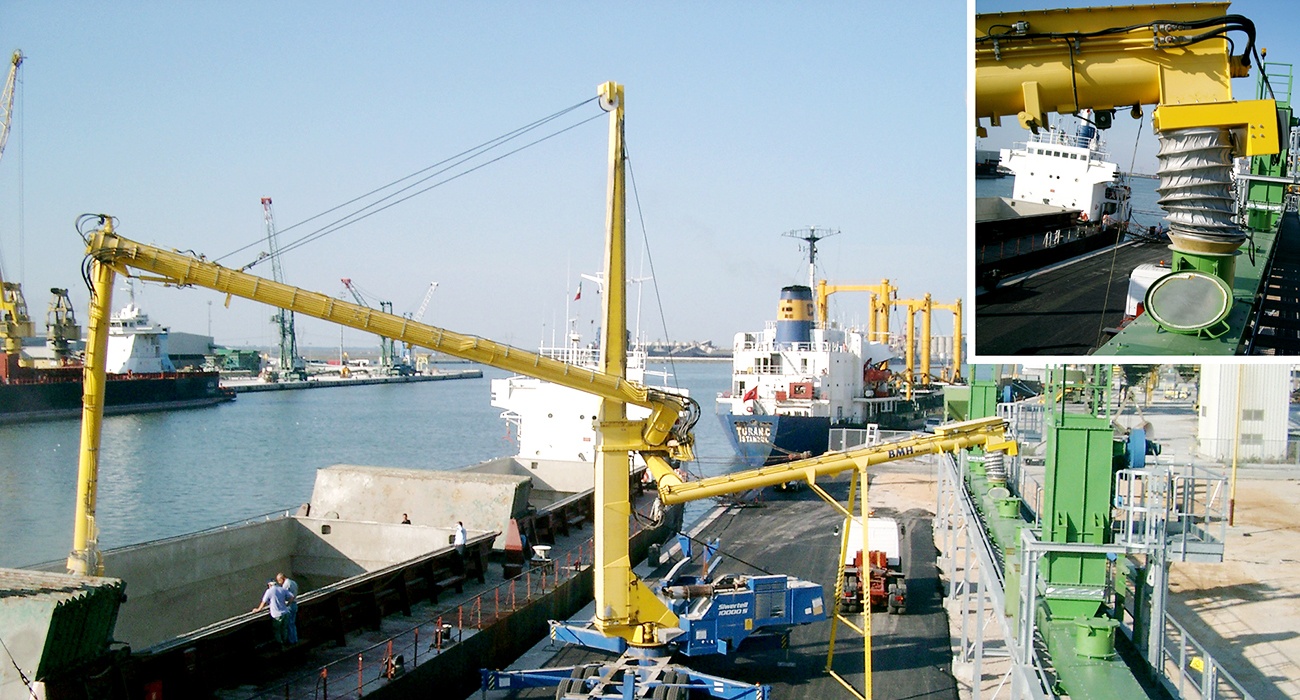 Yellow Siwertell Ship unloader in operation